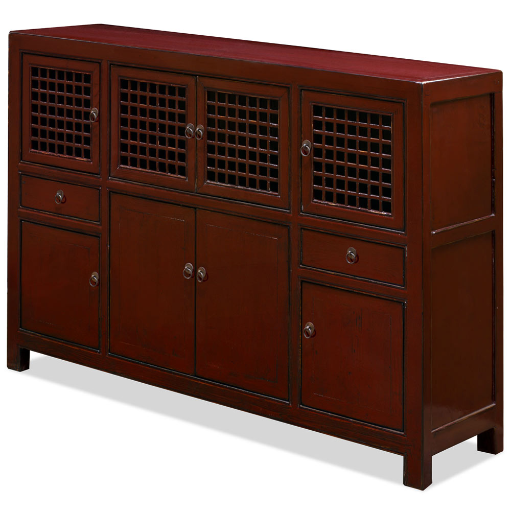 Distressed Dark Red Elmwood Chinese Mandarin Cabinet