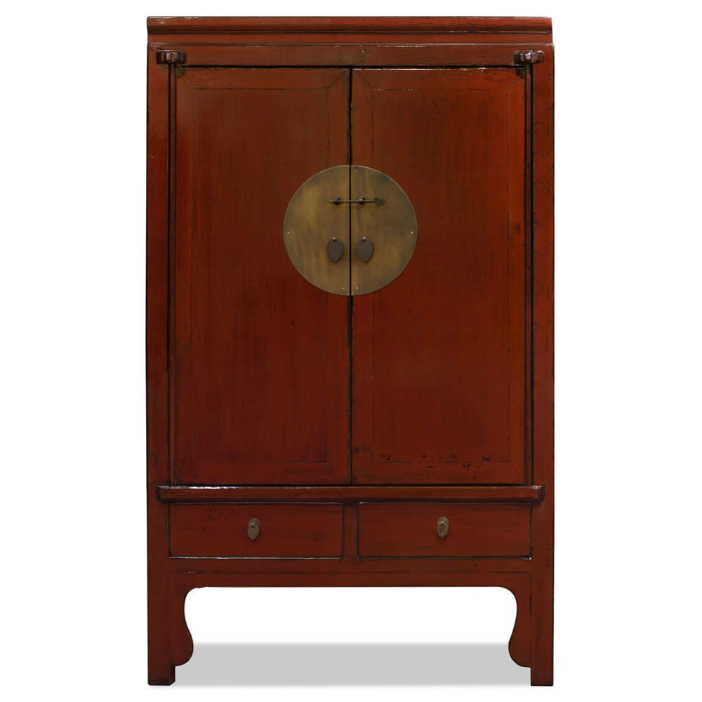 Distressed Rustic Red Elmwood Chinese Ming Wedding Armoire