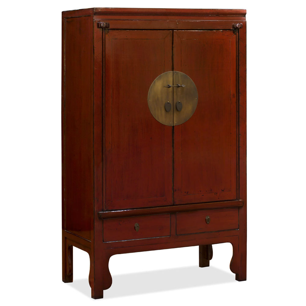 Distressed Rustic Red Elmwood Chinese Ming Wedding Armoire