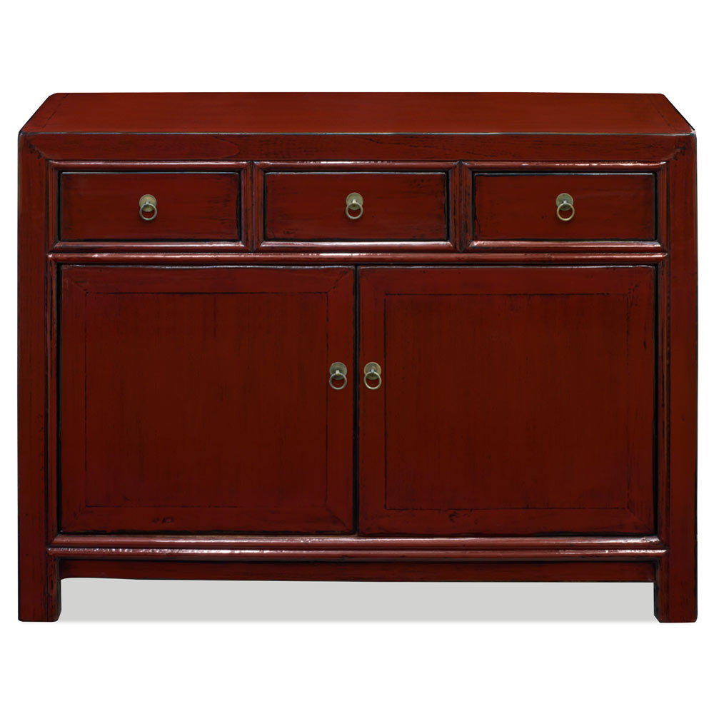 Elmwood Distressed Dark Red Chinese Ming Sideboard