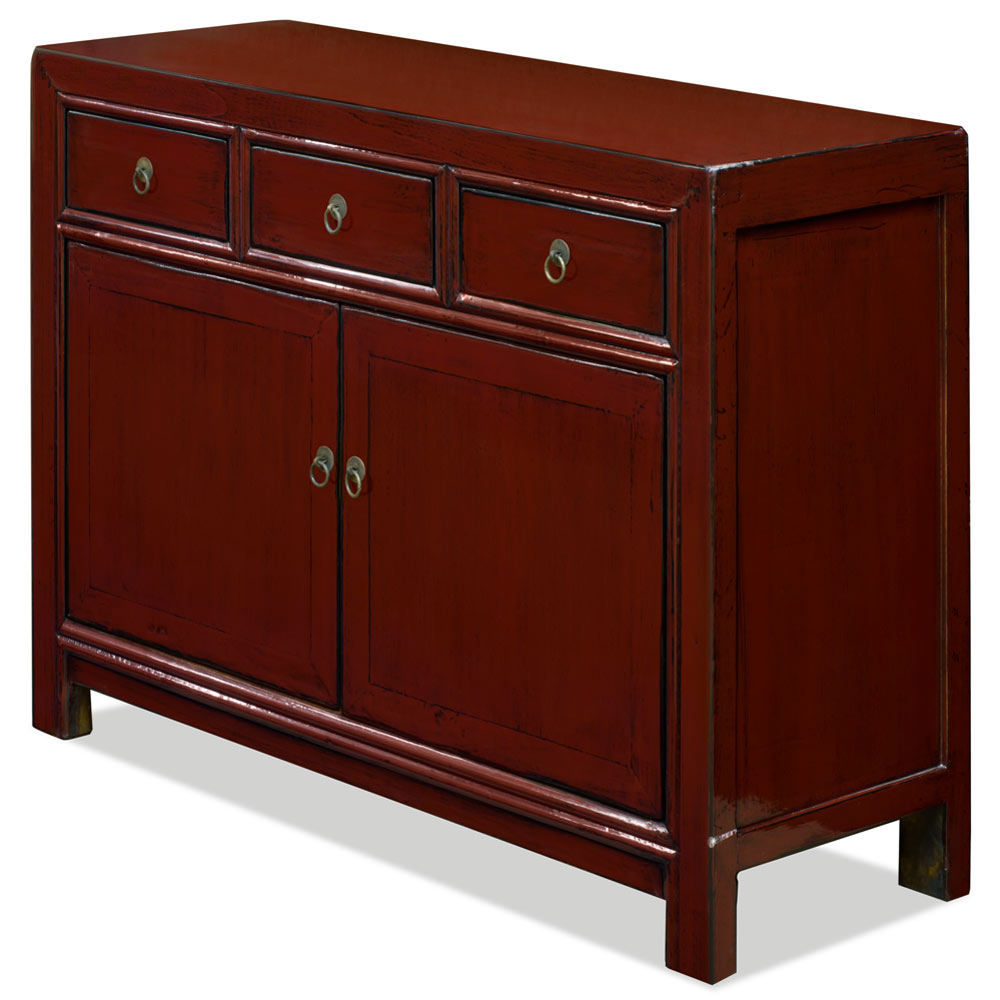 Elmwood Distressed Dark Red Chinese Ming Sideboard