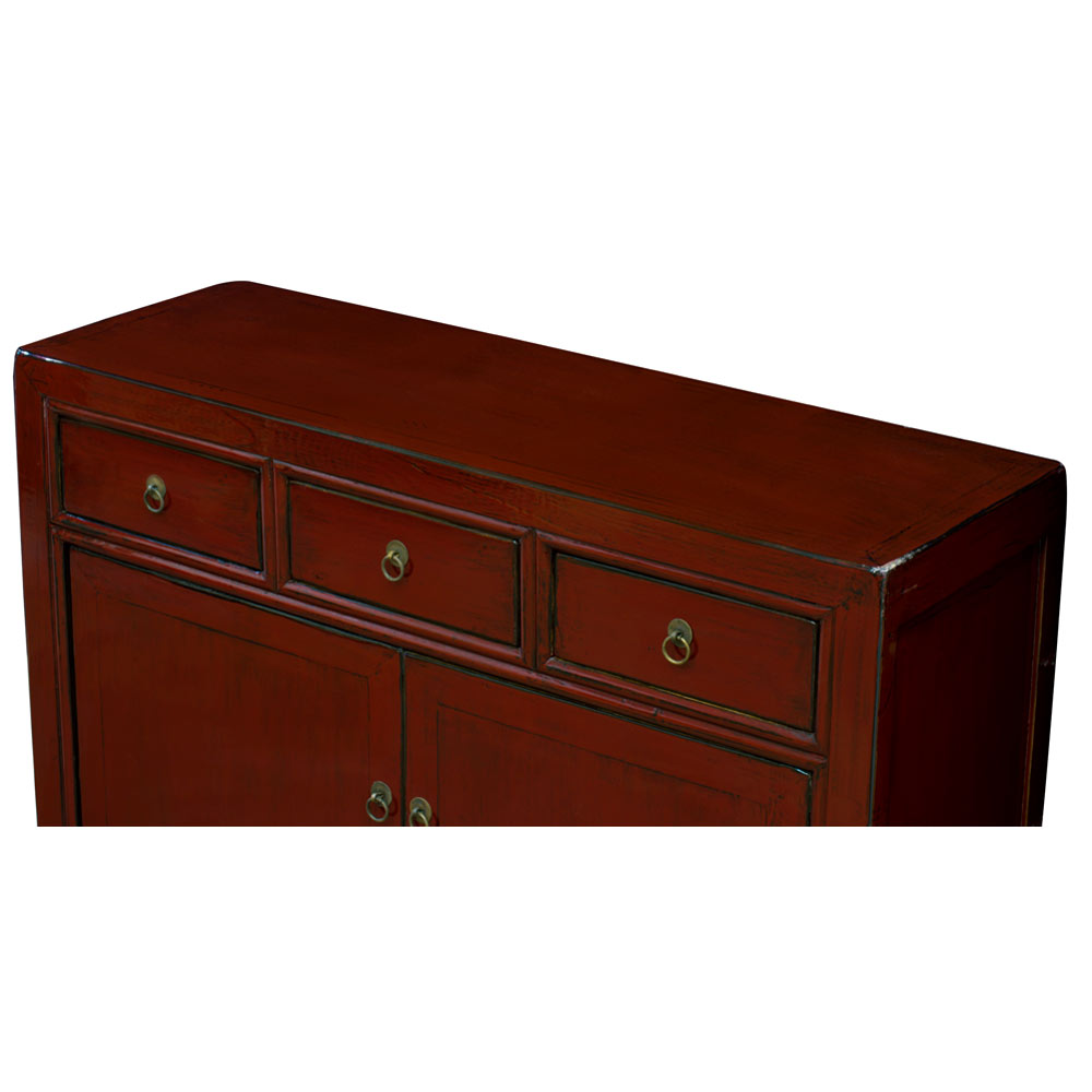 Elmwood Distressed Dark Red Chinese Ming Sideboard