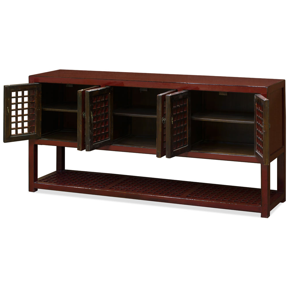 Distressed Dark Red Elmwood Chinese Dynasty Sideboard