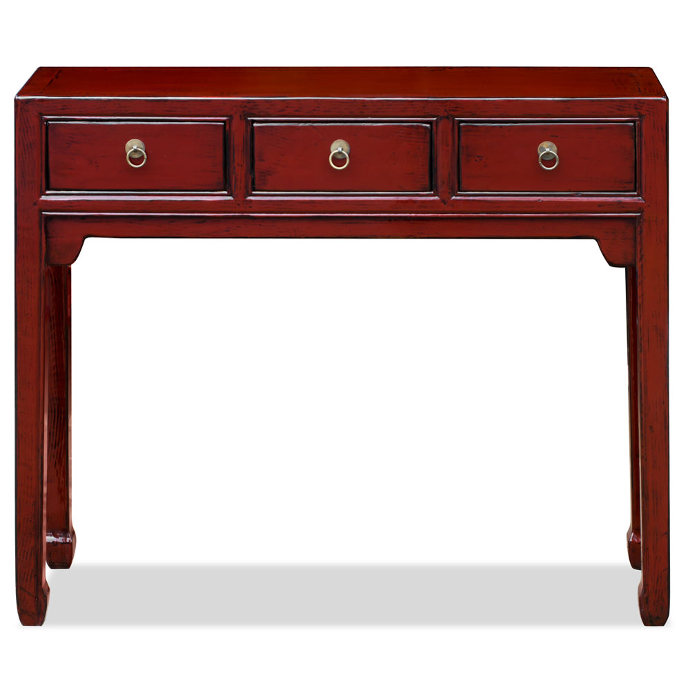 Dark Red Elmwood Chinese Peking Console Table with 3 Drawers