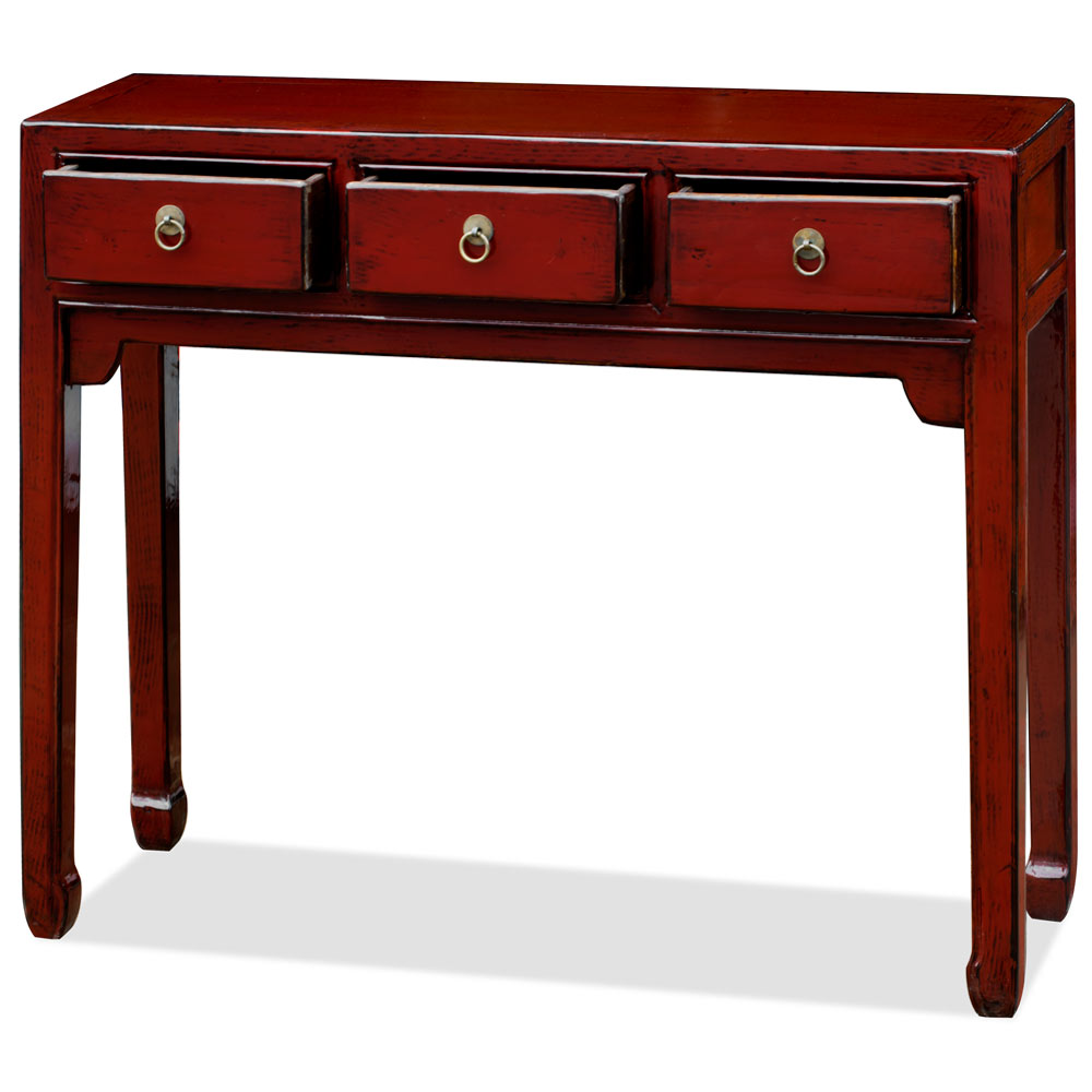 Dark Red Elmwood Chinese Peking Console Table with 3 Drawers