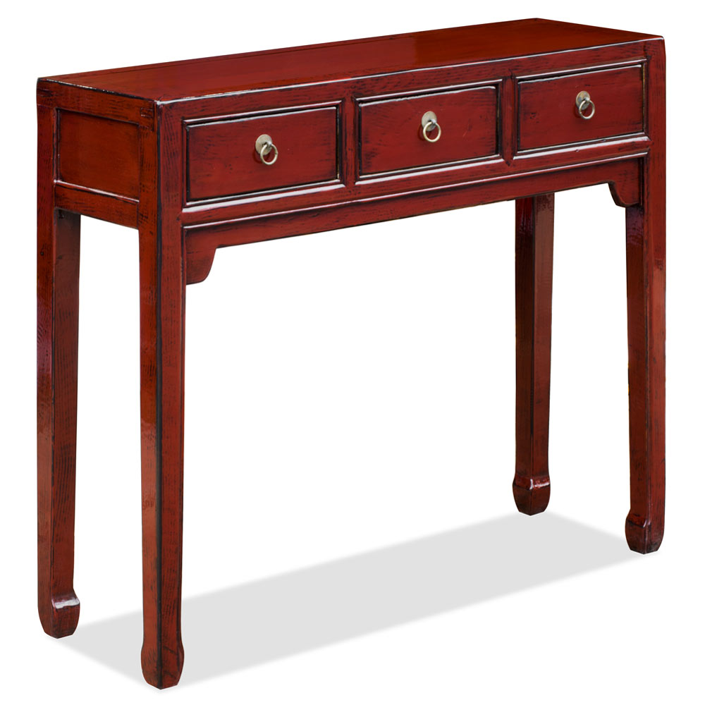 Dark Red Elmwood Chinese Peking Console Table with 3 Drawers