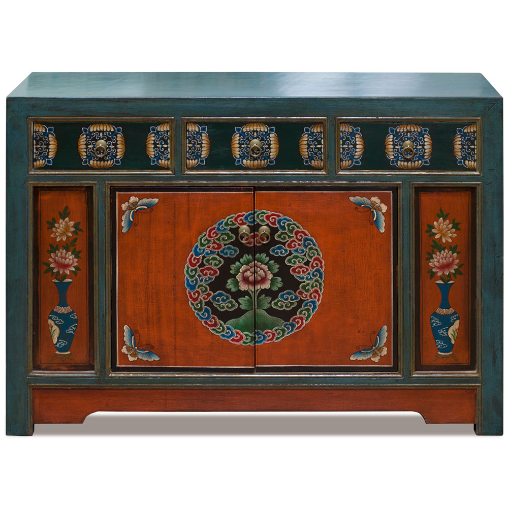 Elmwood Peony and Butterfly Motif Tibetan Cabinet