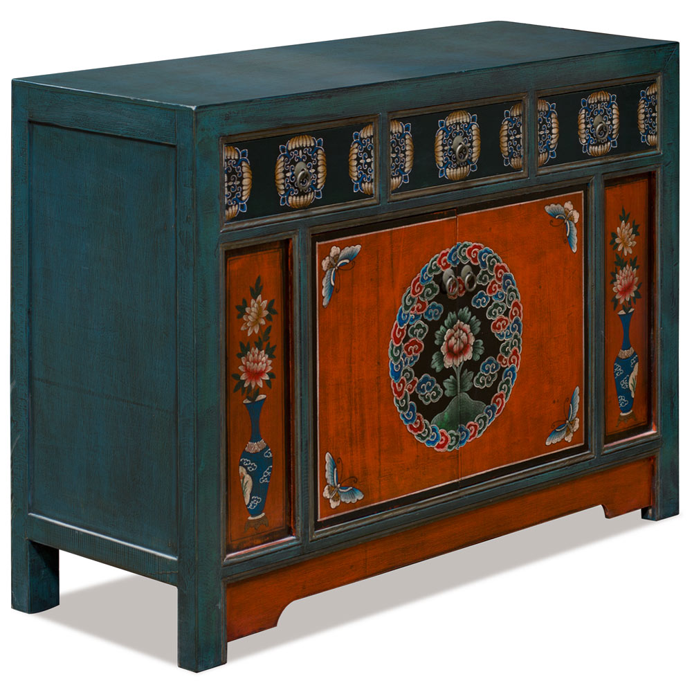 Elmwood Peony and Butterfly Motif Tibetan Cabinet