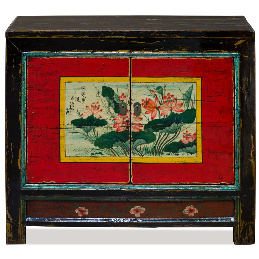 Elmwood Red Lotus Flower Mongolian Cabinet