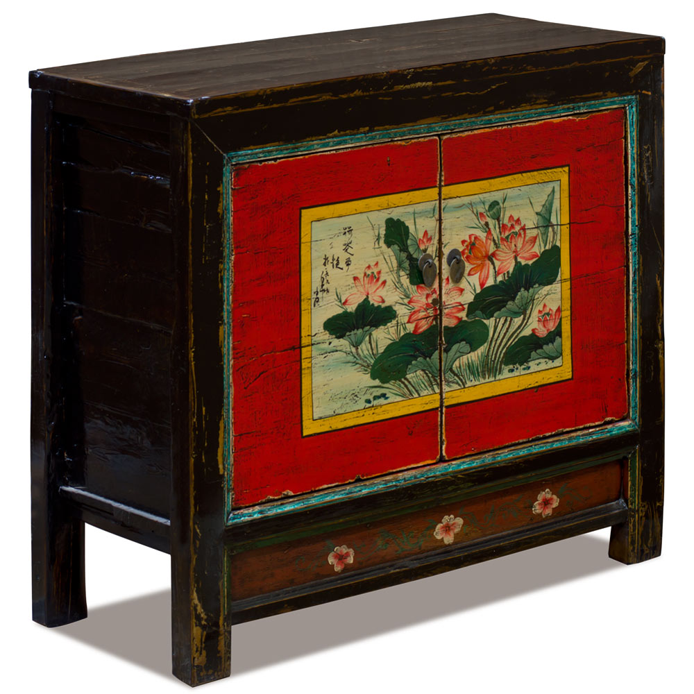 Elmwood Red Lotus Flower Mongolian Cabinet