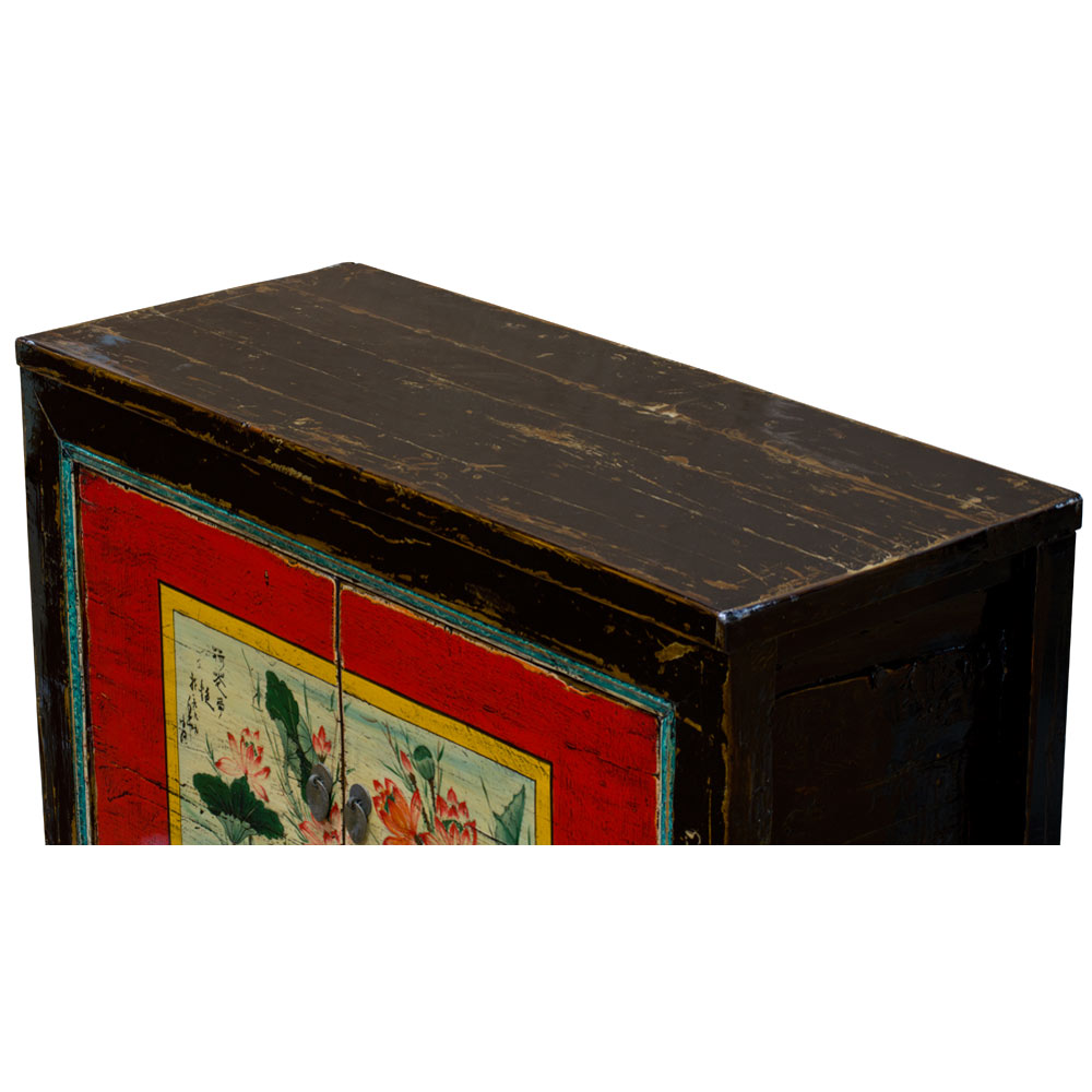 Elmwood Red Lotus Flower Mongolian Cabinet