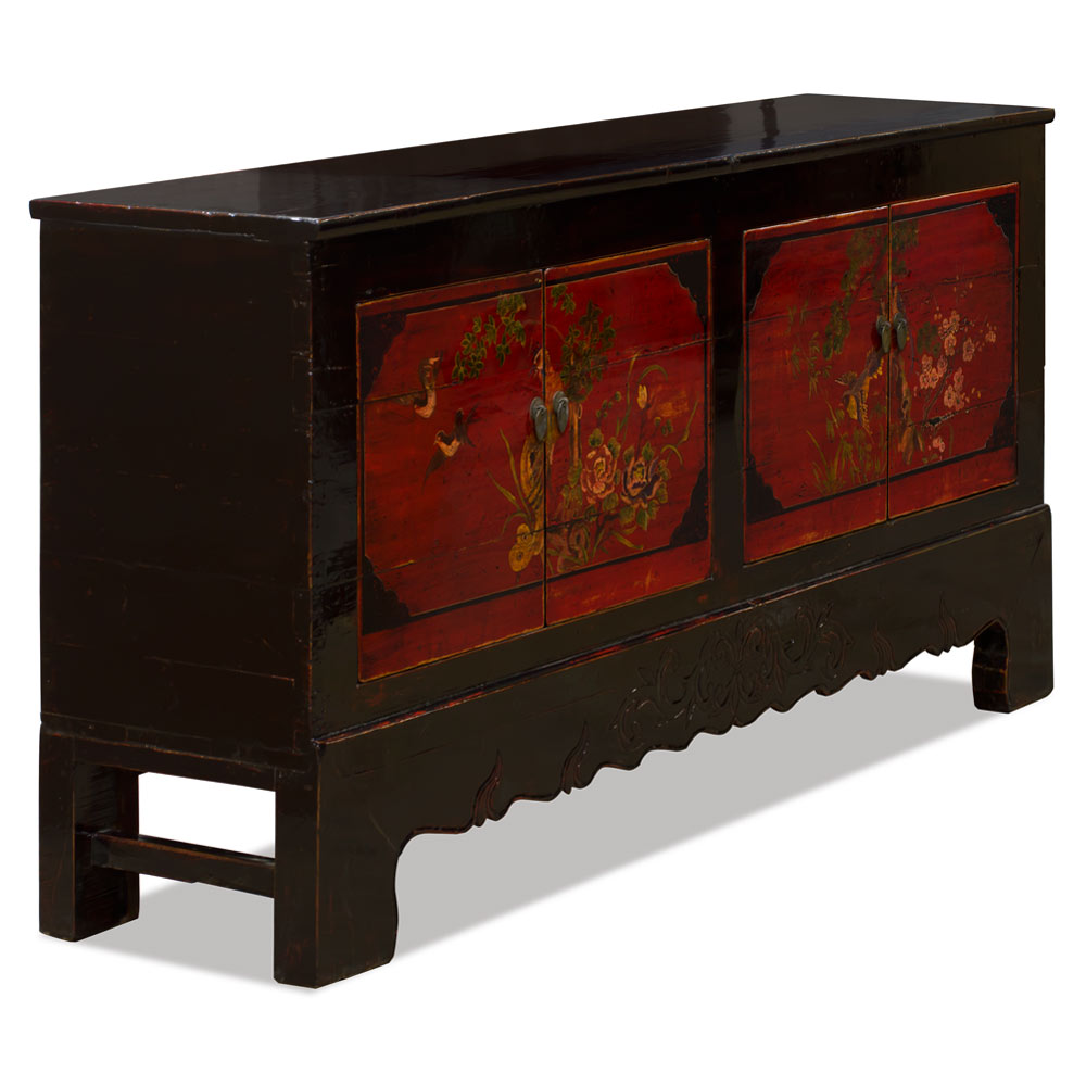 Hand Painted Distressed Vintage Red Bird and Flower Elmwood Chinese Gan Su Cabinet