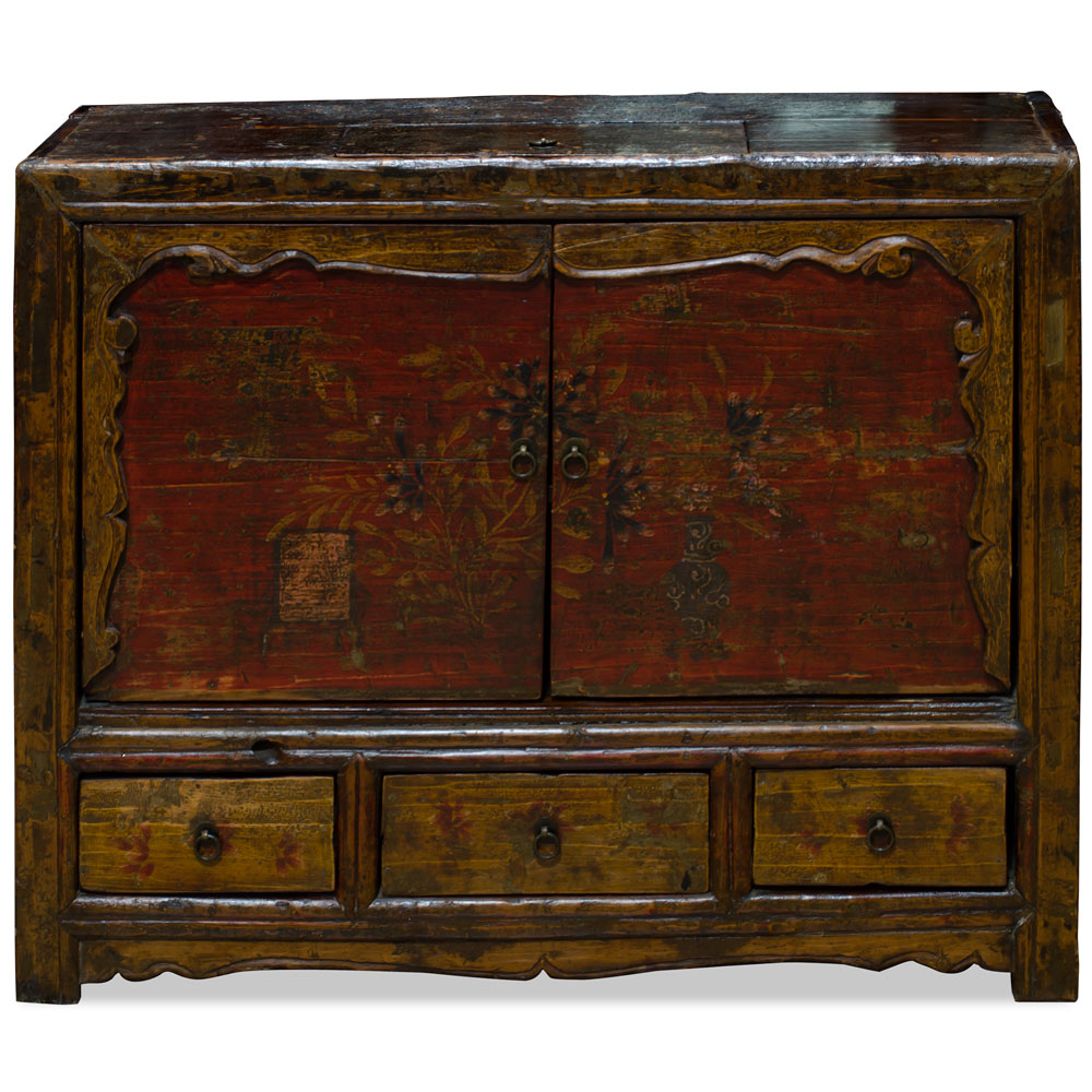 Elmwood Distressed Dark Red Mongolian Cabinet