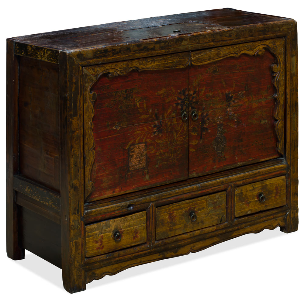 Elmwood Distressed Dark Red Mongolian Cabinet