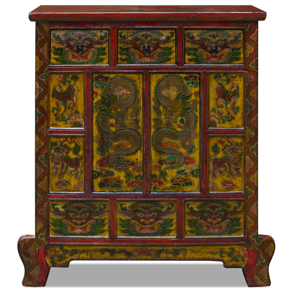 Vintage Hand Painted Distressed Yellow and Red Tibetan Cabinet