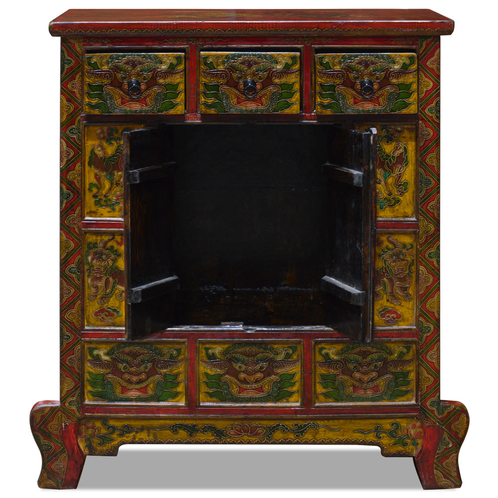 Vintage Hand Painted Distressed Yellow and Red Tibetan Cabinet