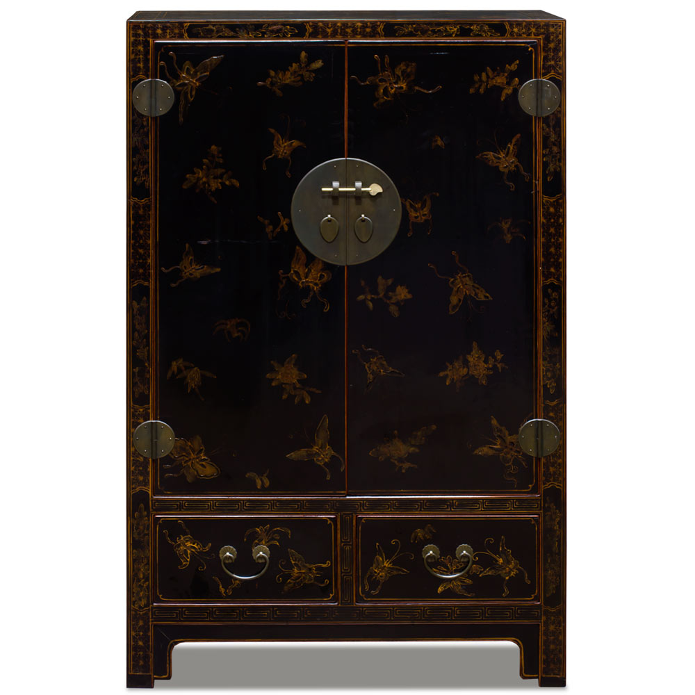 Vintage Distressed Black Oriental Elmwood Cabinet with Butterfly Motif