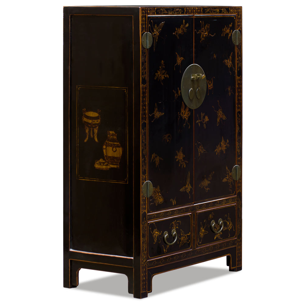 Vintage Distressed Black Oriental Elmwood Cabinet with Butterfly Motif