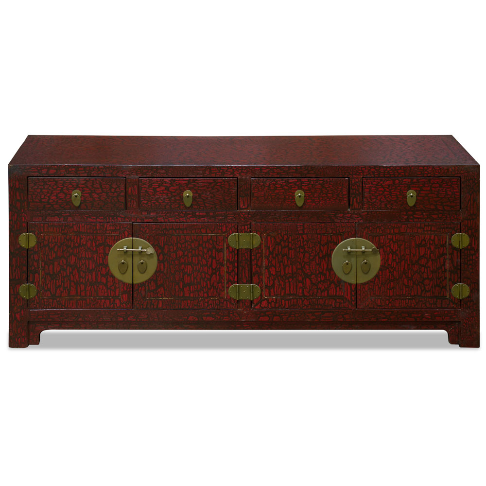 Crackle Dark Red Elmwood Oriental Kang Style Media Cabinet