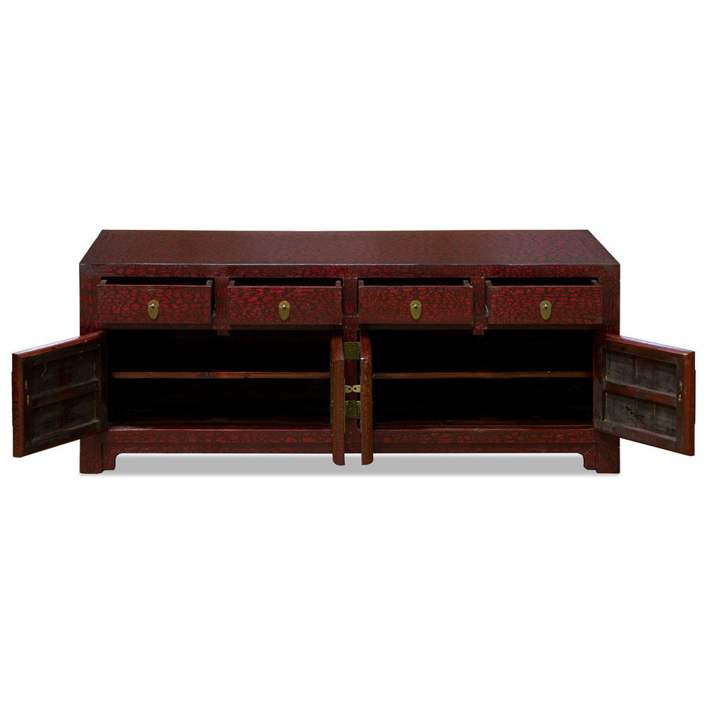 Crackle Dark Red Elmwood Oriental Kang Style Media Cabinet