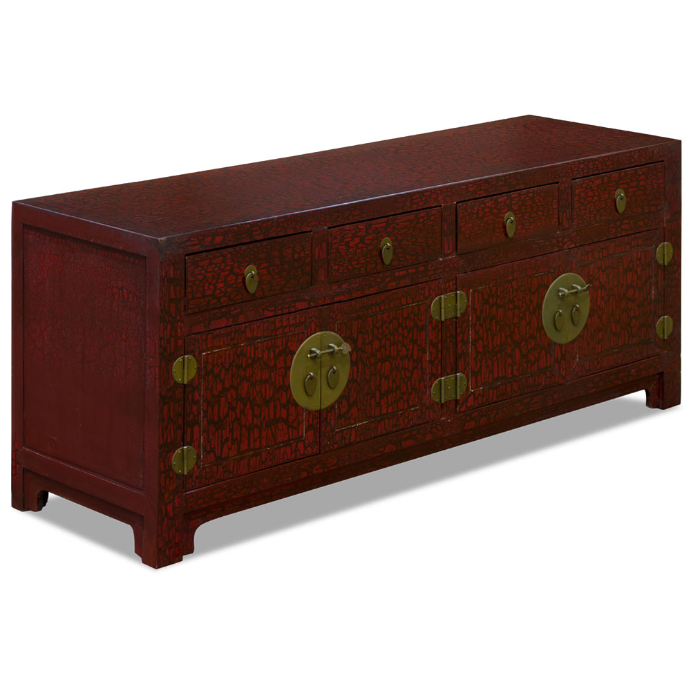 Crackle Dark Red Elmwood Oriental Kang Style Media Cabinet