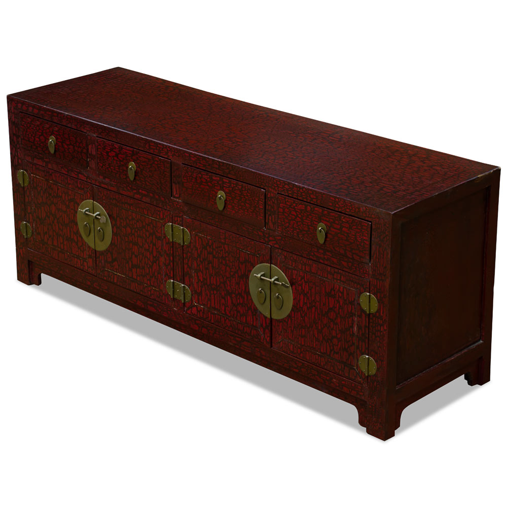 Crackle Dark Red Elmwood Oriental Kang Style Media Cabinet