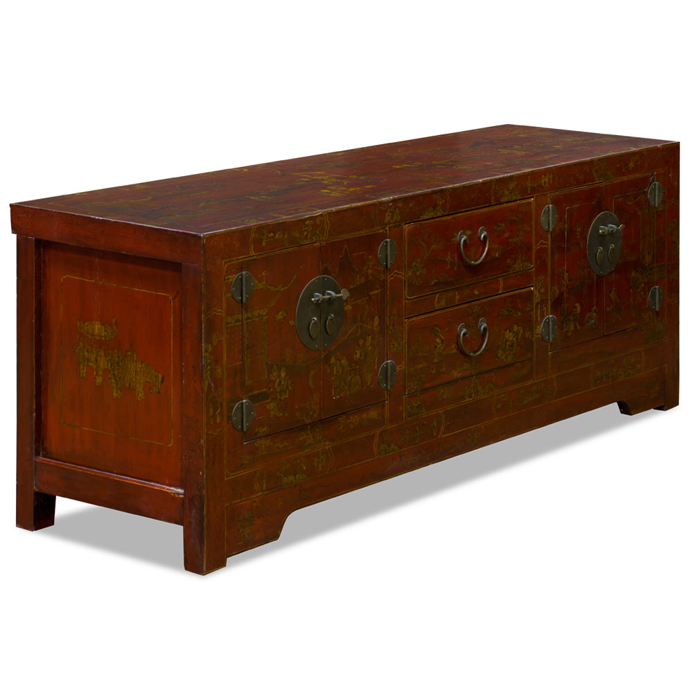 Rustic Red Chinoiserie Vintage Elmwood Chinese Kang Media Cabinet