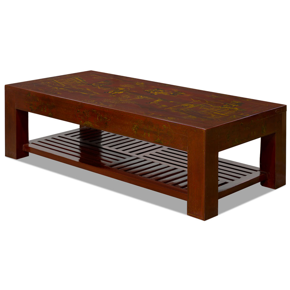 Rustic Red Chinoiserie Vintage Elmwood Oriental Coffee Table