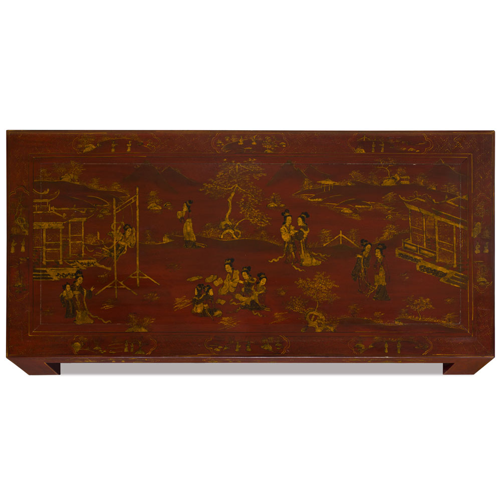 Rustic Red Chinoiserie Vintage Elmwood Oriental Coffee Table