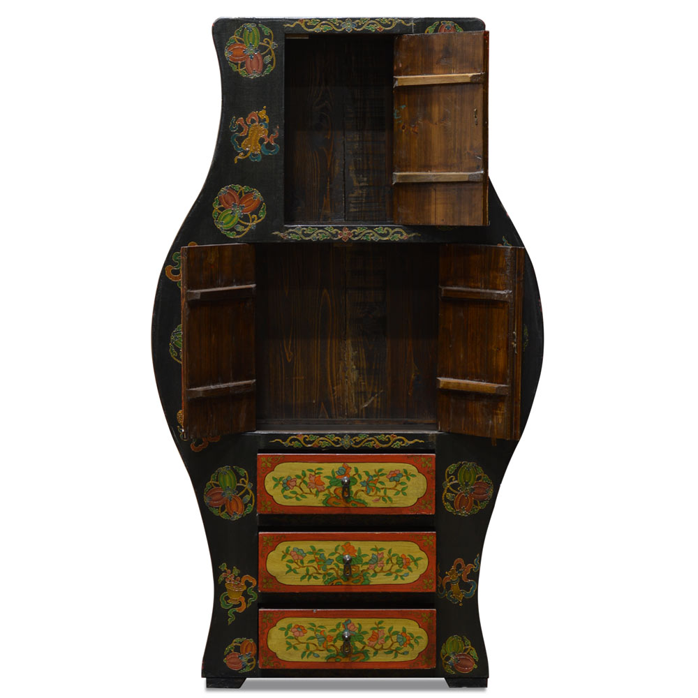 Vintage Hand Painted Elmwood Tibetan Tall Storage Cabinet