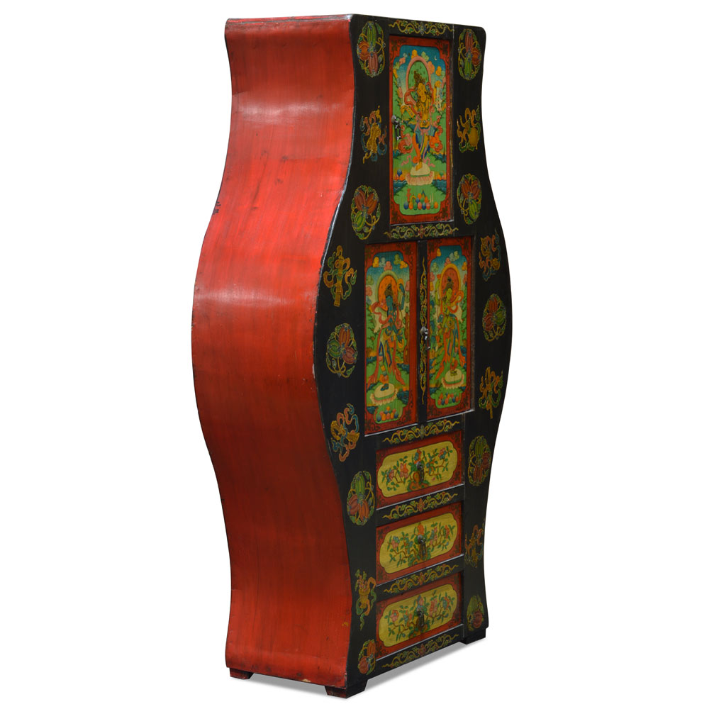 Vintage Hand Painted Elmwood Tibetan Tall Storage Cabinet