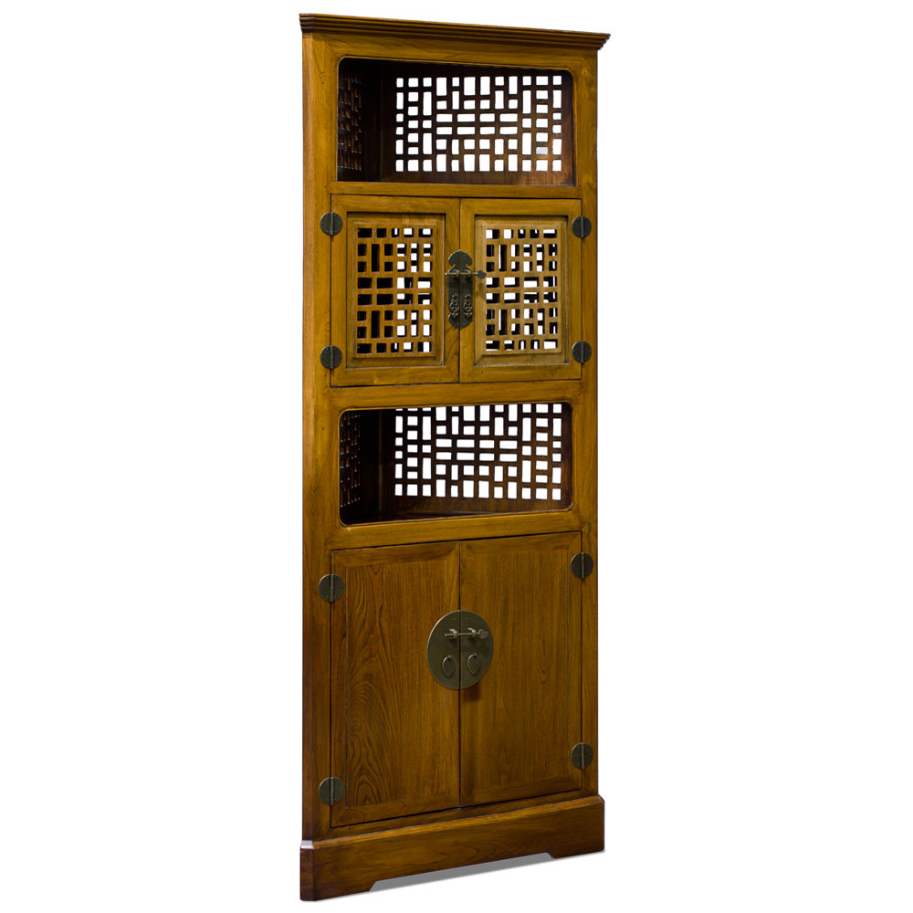 Elmwood Natural Finish Ming Asian Corner Cabinet