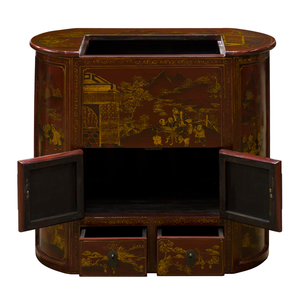 Vintage Dark Red Chinoiserie Elmwood Asian Accent Cabinet