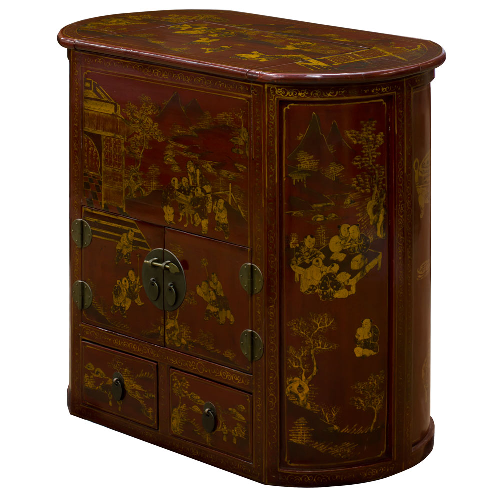 Vintage Dark Red Chinoiserie Elmwood Asian Accent Cabinet