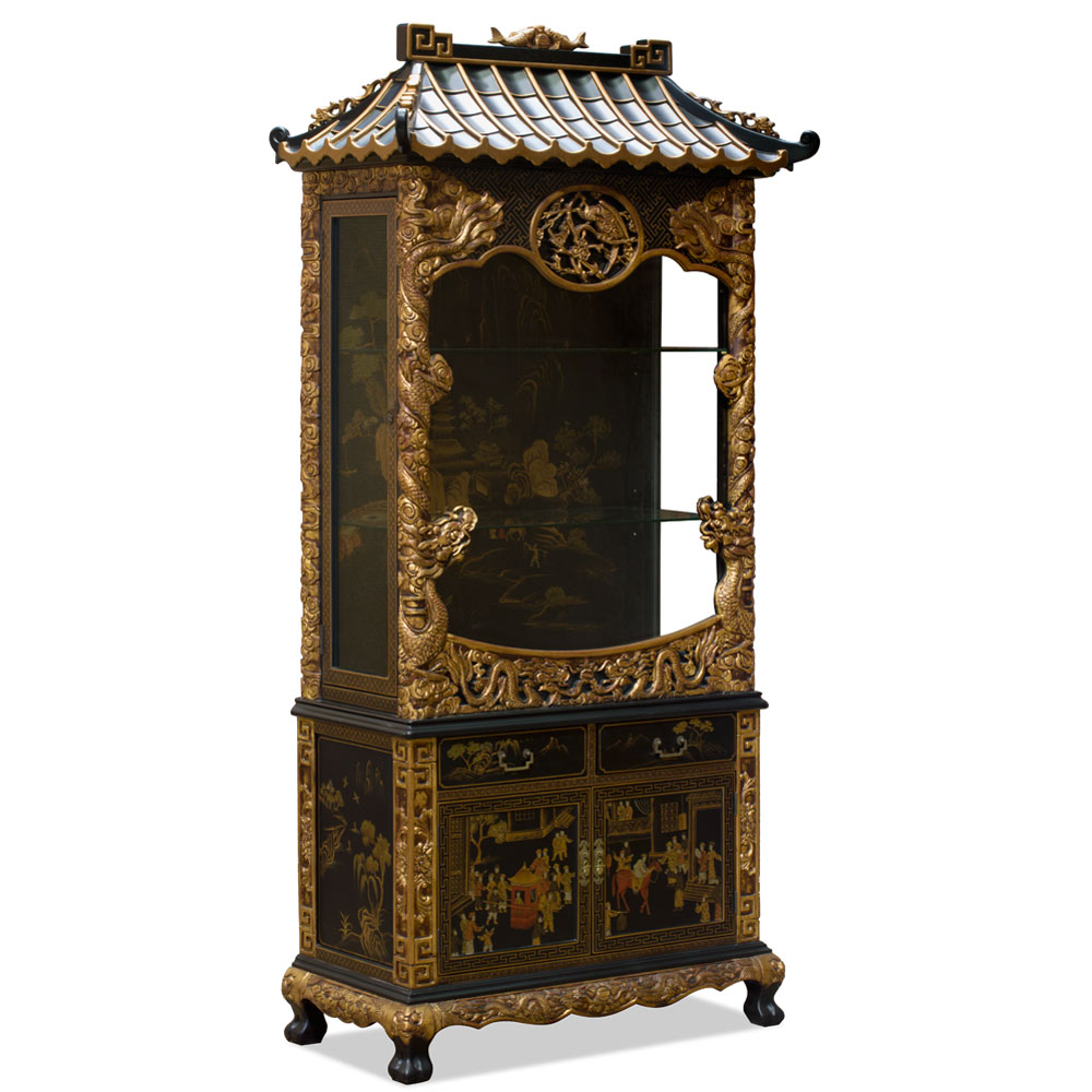 Hand Carved Elmwood Dragon Motif Chinoiserie Scenery Asian Curio Cabinet