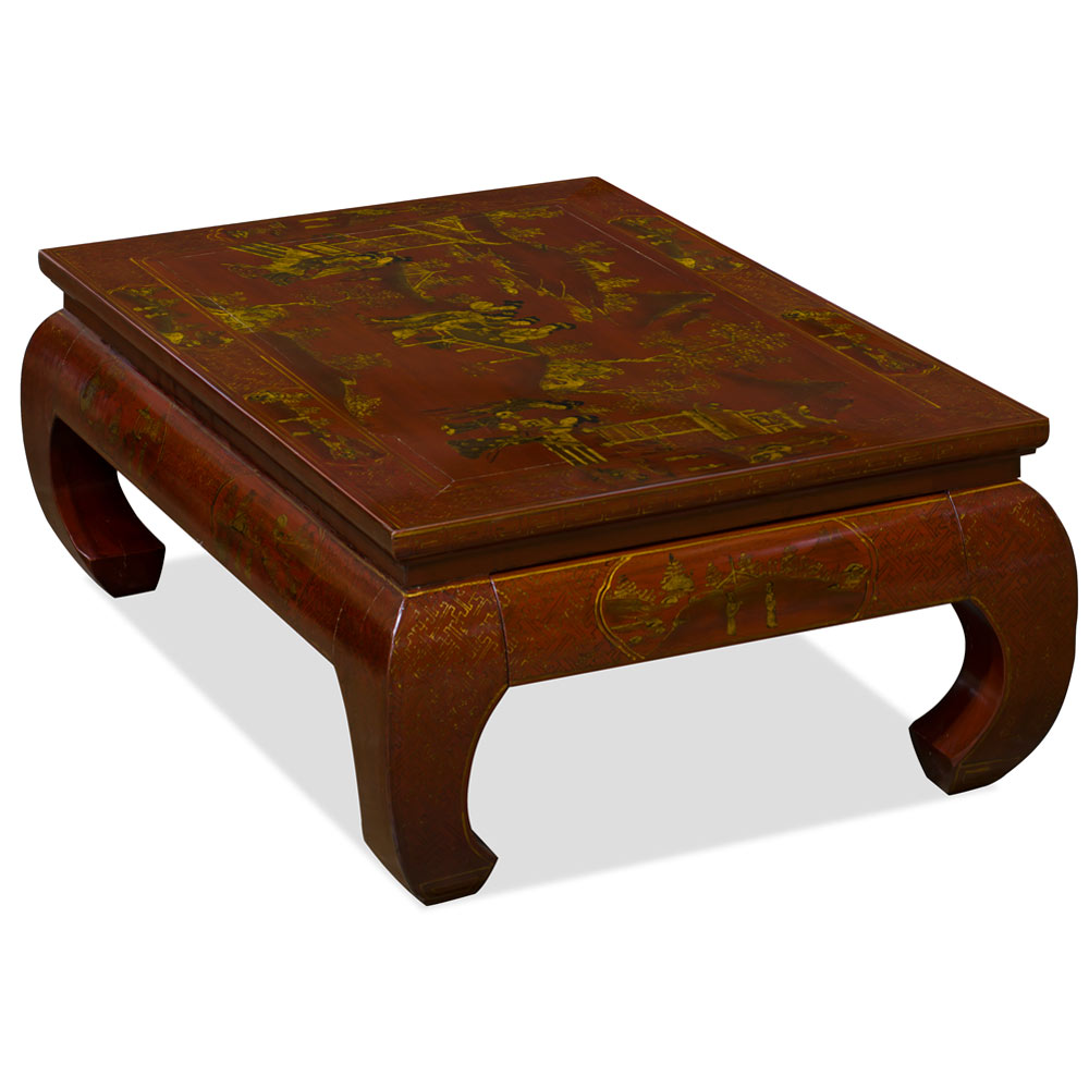 Vintage Red Chinoiserie Elmwood Oriental Coffee Table with Two Drawers