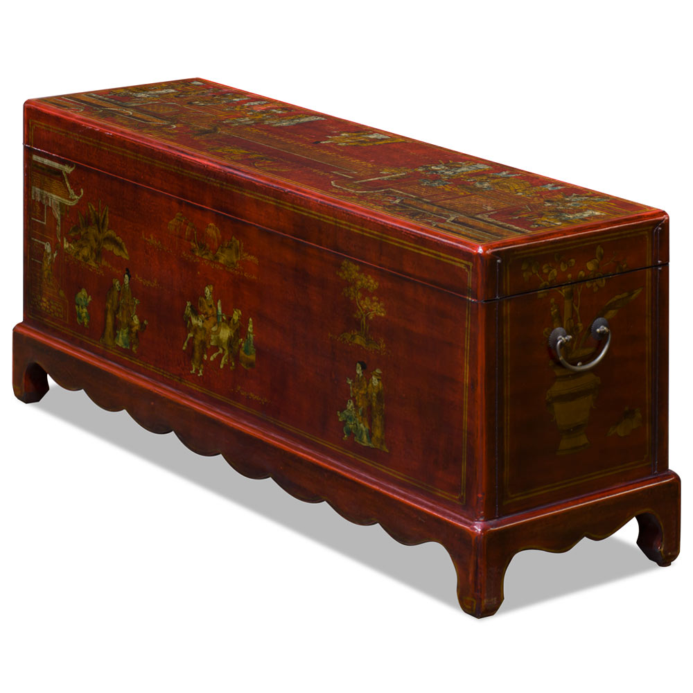 Vintage Red Chinoiserie Elmwood Oriental Storage Trunk