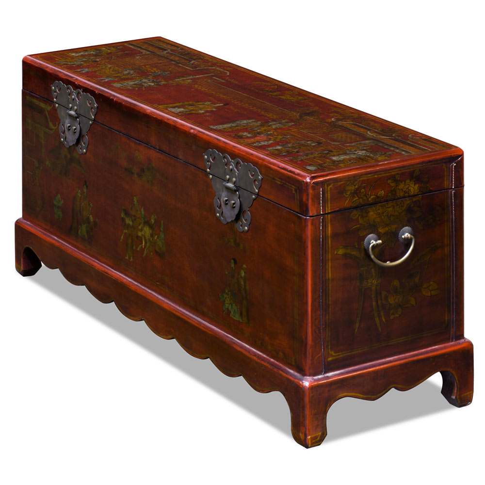 Vintage Red Chinoiserie Elmwood Oriental Storage Trunk