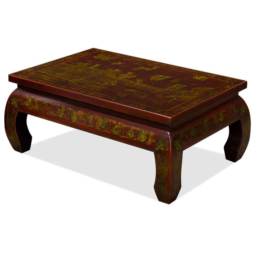 Rustic Red Chinoiserie Vintage Elmwood Oriental Rectangular Coffee Table