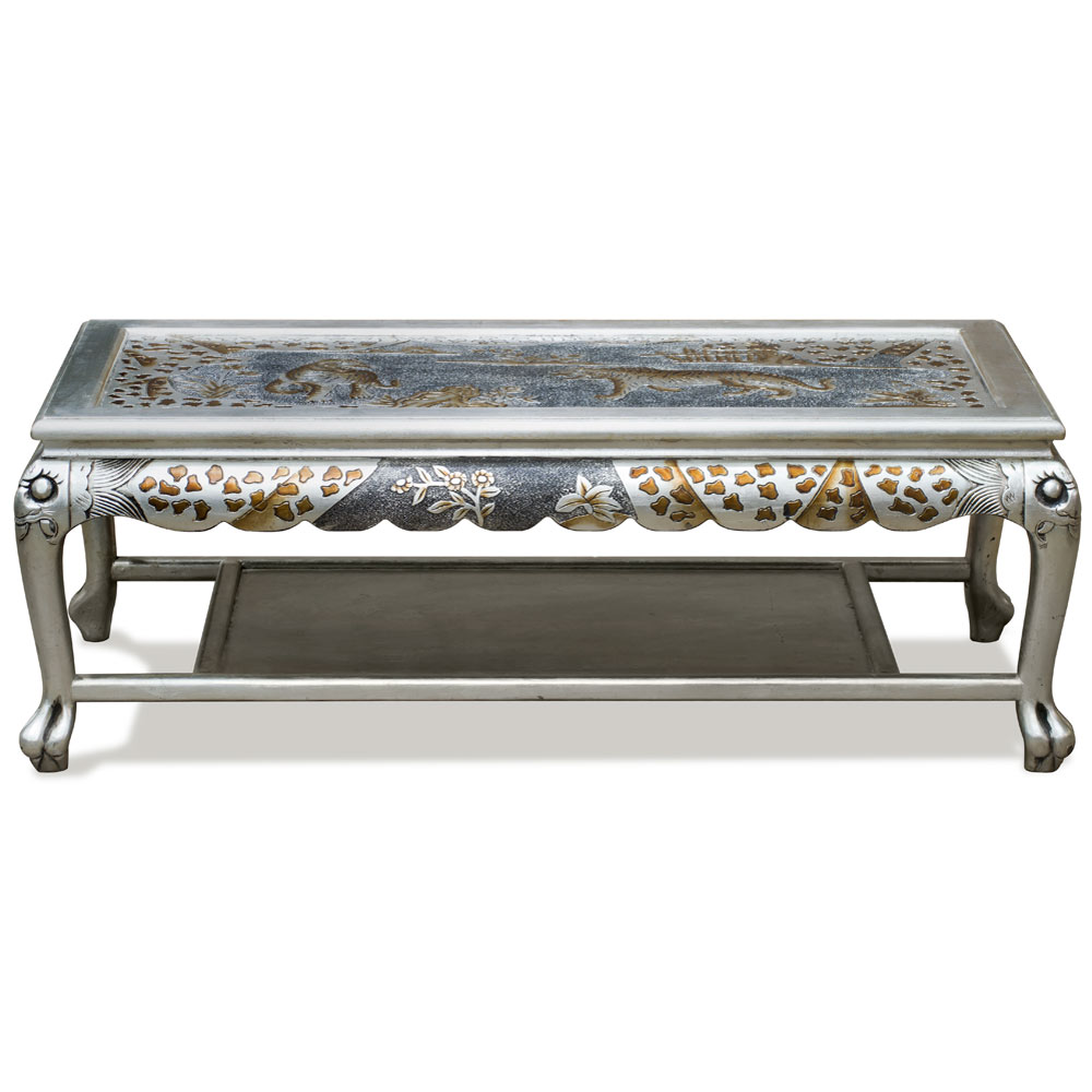 Hand Painted Silver Leaf Tiger Motif Queen Anne Oriental Coffee Table