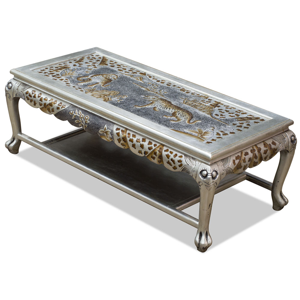 Hand Painted Silver Leaf Tiger Motif Queen Anne Oriental Coffee Table