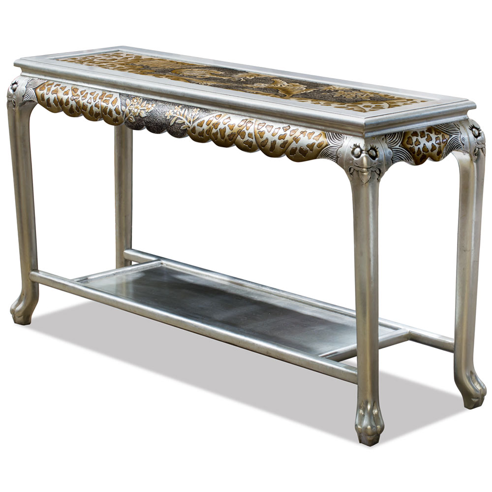 Hand Painted Silver Leaf Tiger Motif Queen Anne Oriental Console Table