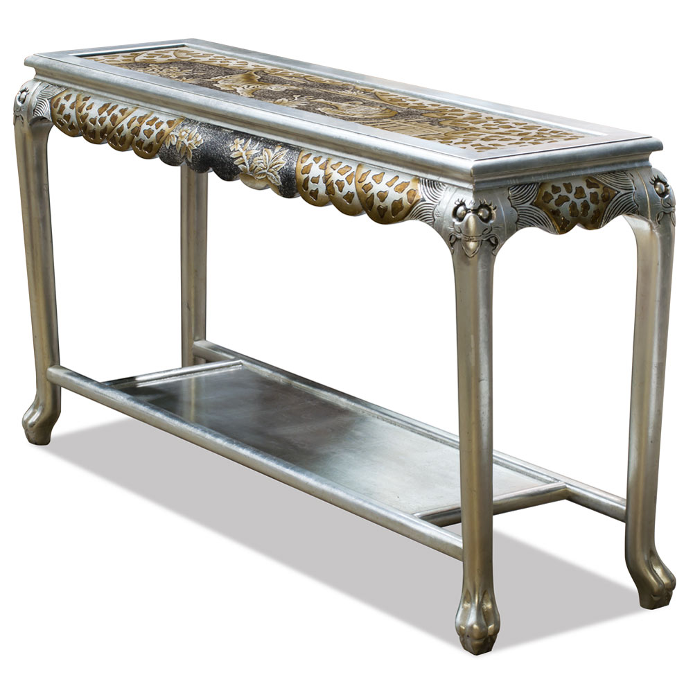 Hand Painted Silver Leaf Tiger Motif Queen Anne Oriental Console Table