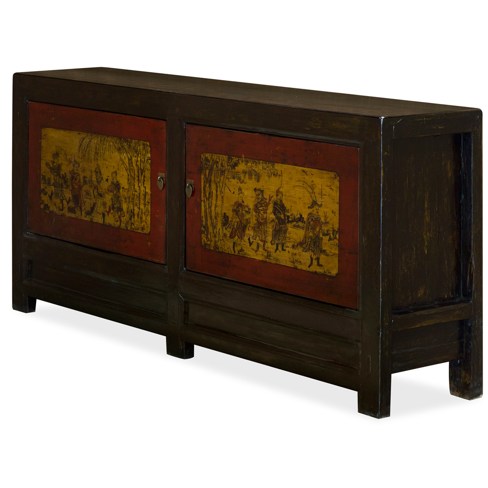 Vintage Dark Brown Elmwood San Guo Sideboard with Red and Yellow Doors