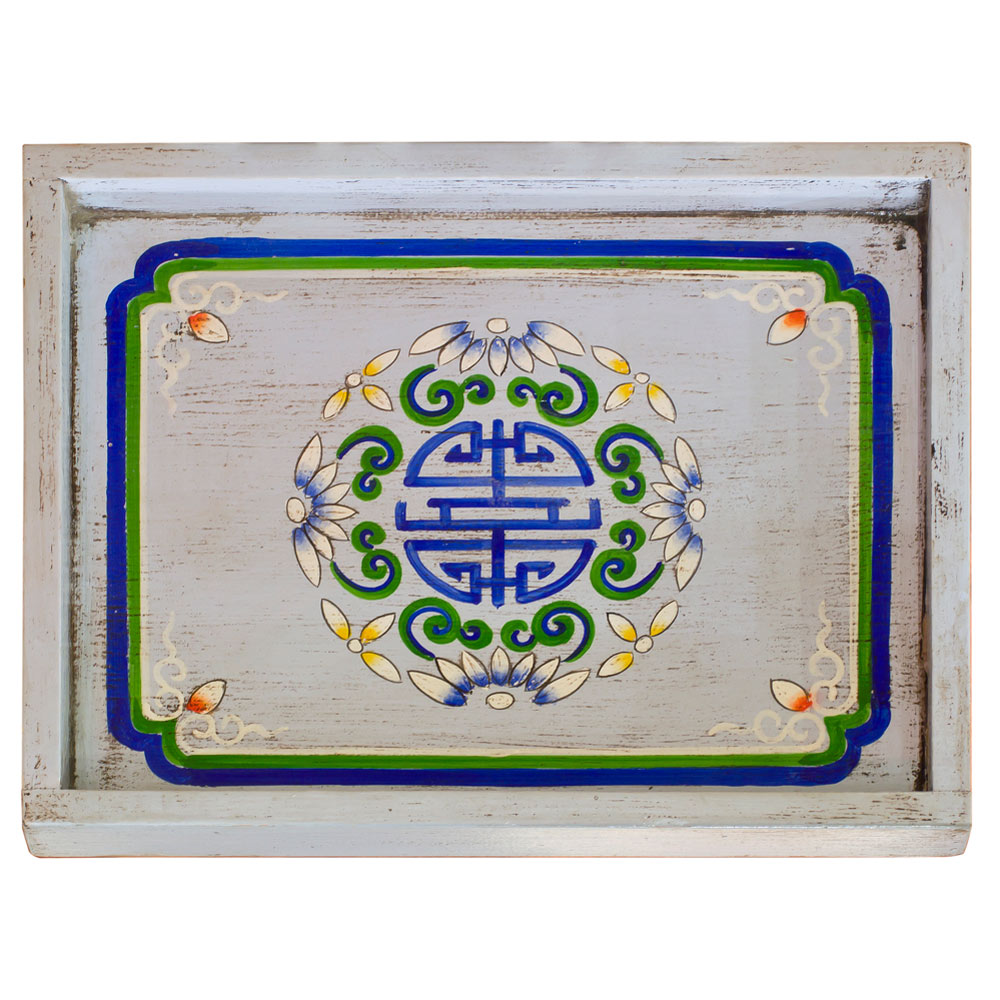 Hand Painted Elmwood Chinese Longevity Motif Tray