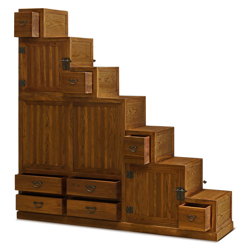 Walnut Finish Elmwood Grand Japanese Step Tansu Chest