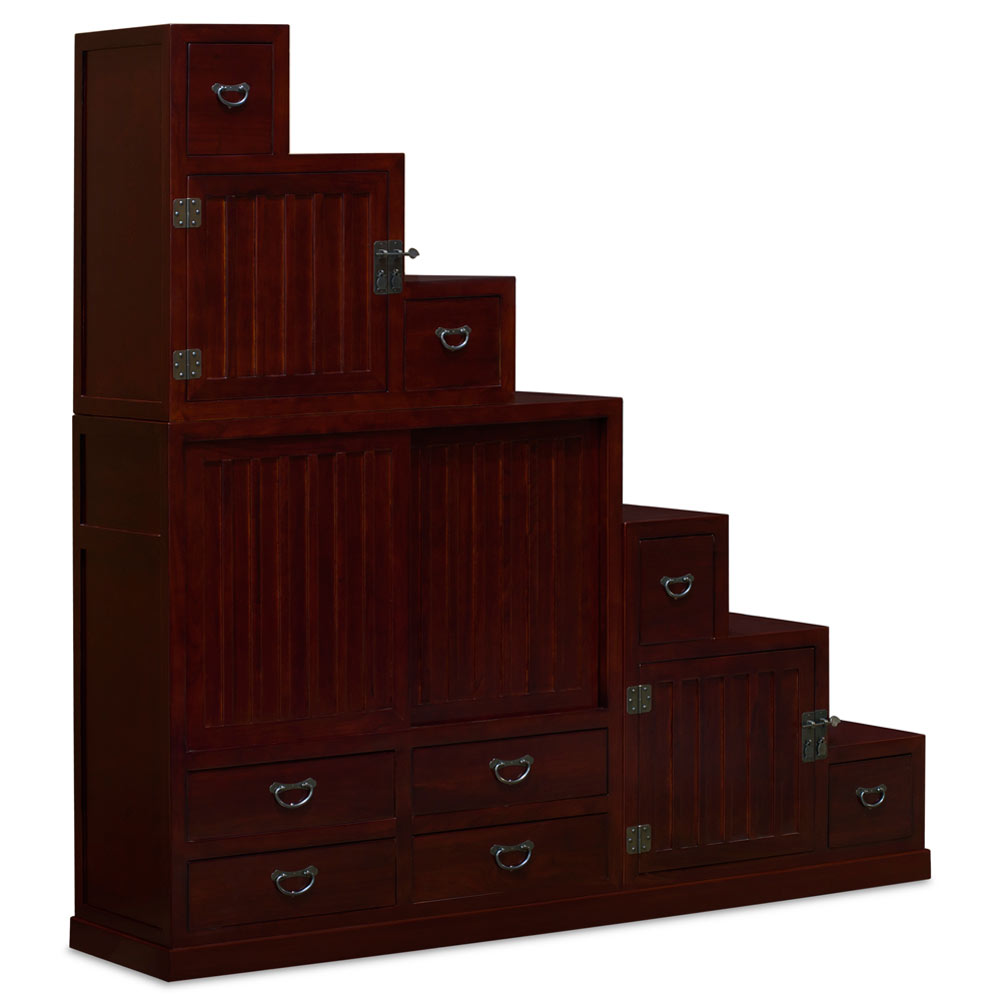 Dark Cherry Elmwood Grand Japanese Step Tansu Chest