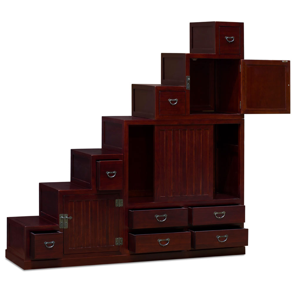 Dark Cherry Elmwood Grand Japanese Step Tansu Chest