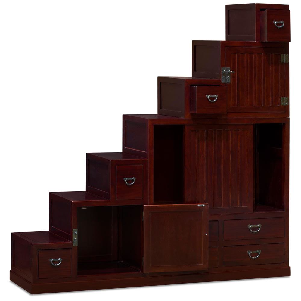 Dark Cherry Elmwood Grand Japanese Step Tansu Chest