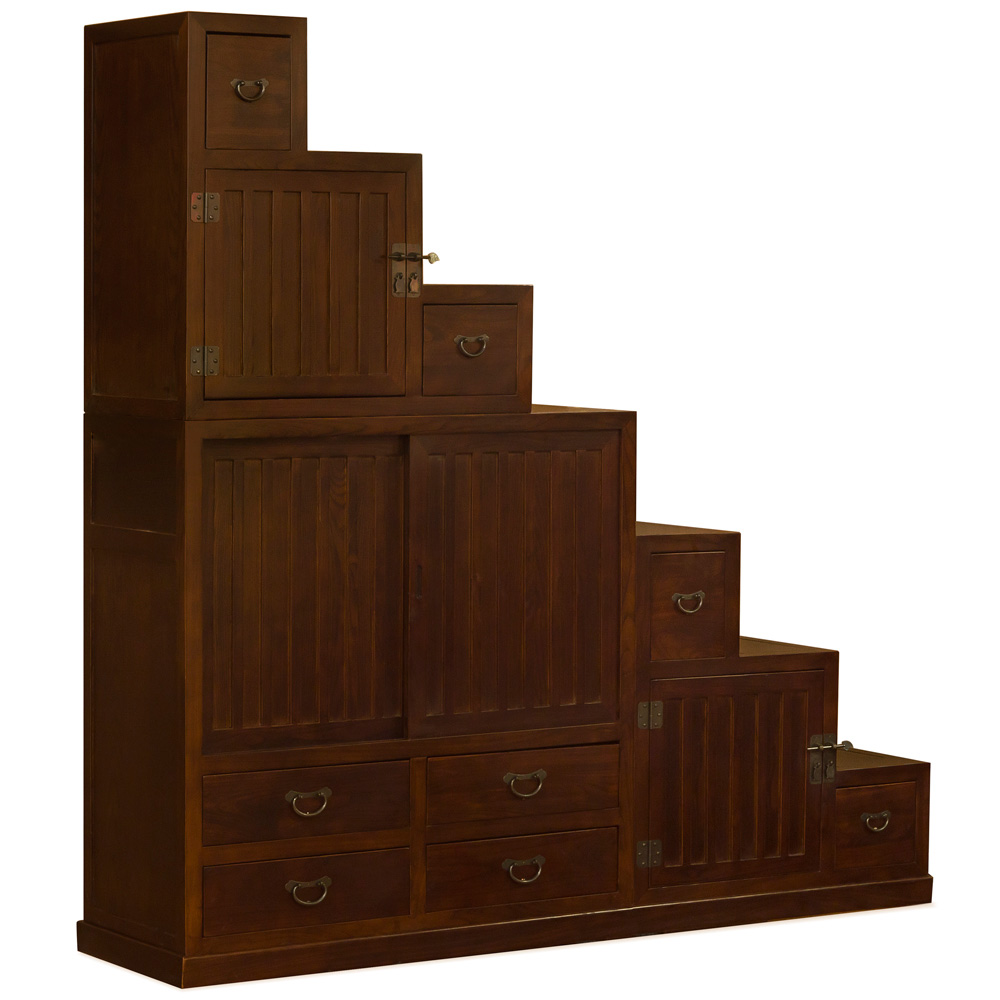 Mahogany Finish Elmwood Grand Japanese Step Tansu Chest